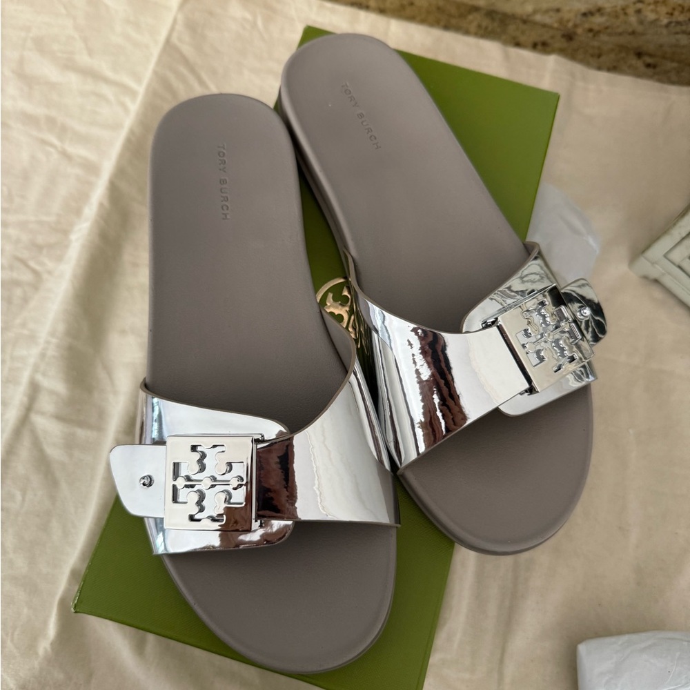 Tory Burch Metallic Silver Slides